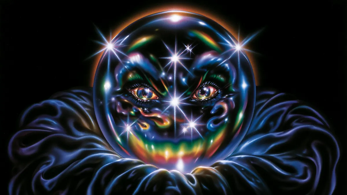 Grinning face in a crystal ball