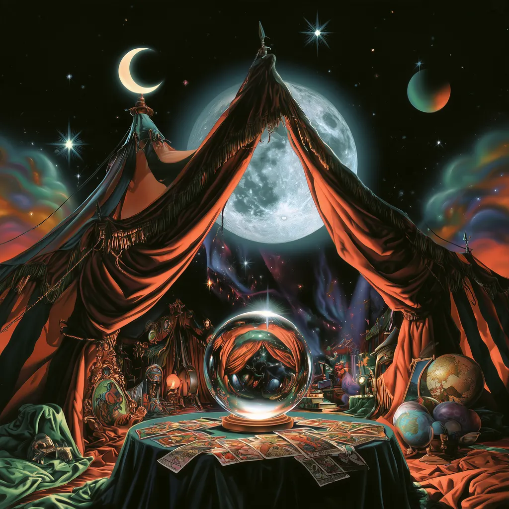 A moonlit fortune teller's tent with a glowing crystal ball and tarot cards on a velvet table, the full moon behind the tent flap