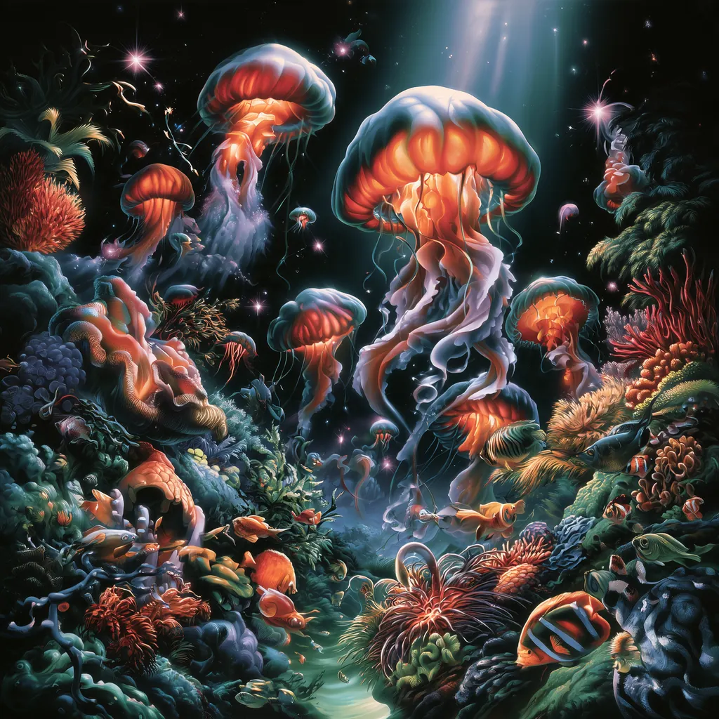 A bioluminescent coral reef at night, with glowing orange jellyfish drifting above fish and coral