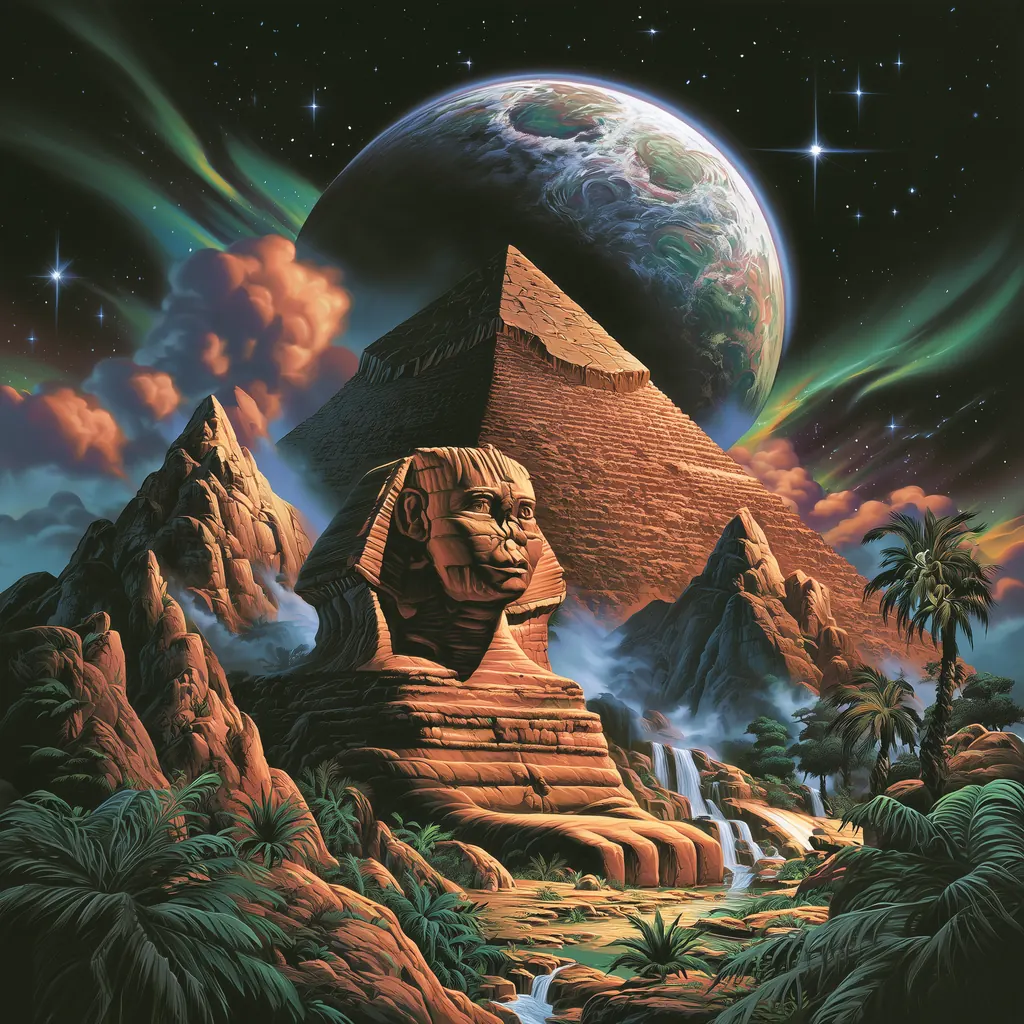 The Sphinx and the pyramids of Giza under a huge moon, with green aurora in a starry sky