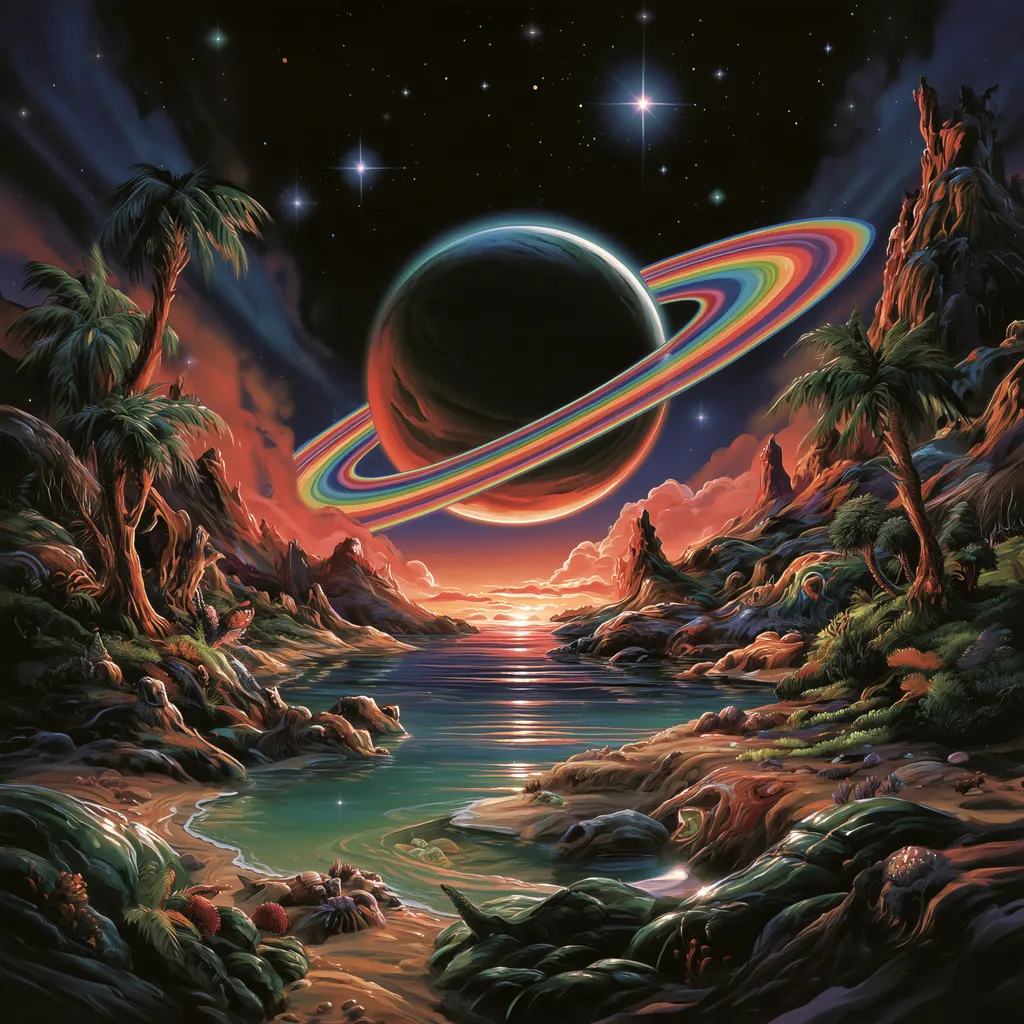 A planet with rainbow rings rising over an alien coastline with palms and red mountains